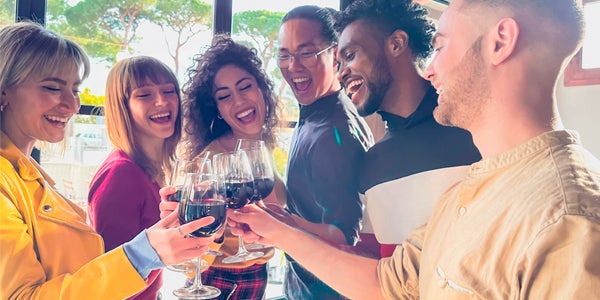 group cheers with wine